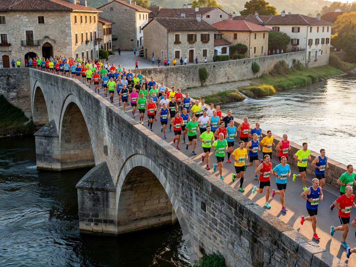 Half marathon participants crossing a scenic European stone bridge