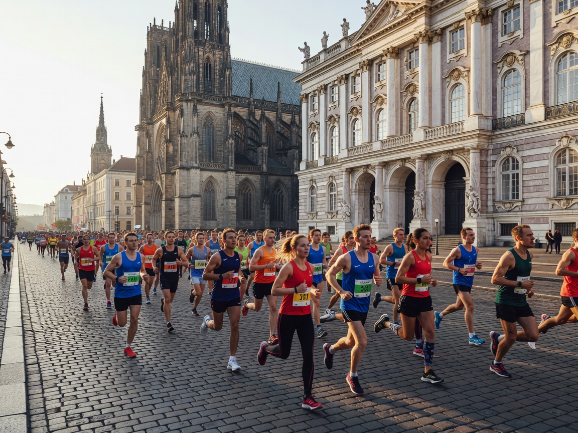 Marathon runners passing historic European city monuments on race morning