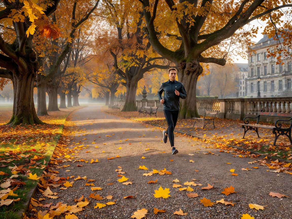 Morning runner on an autumn gravel route in a European park
