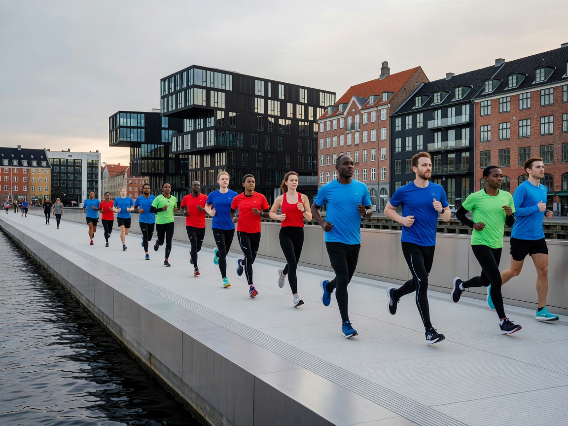 Runners along a modern waterfront promenade in Copenhagen