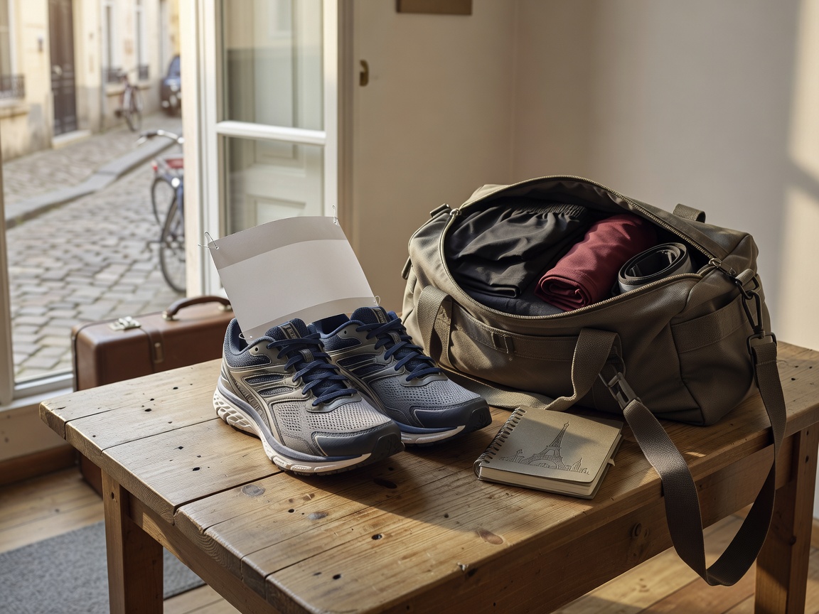 Running shoes, race bib, and travel bag packed for a European marathon trip